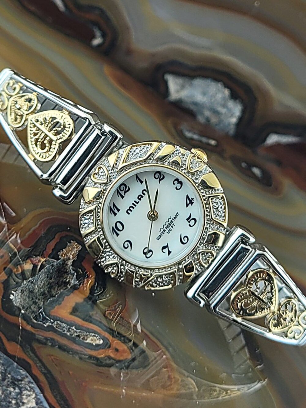 New Womens MILAN Gold & Silver Filigree Stretch Band Watch withHearts